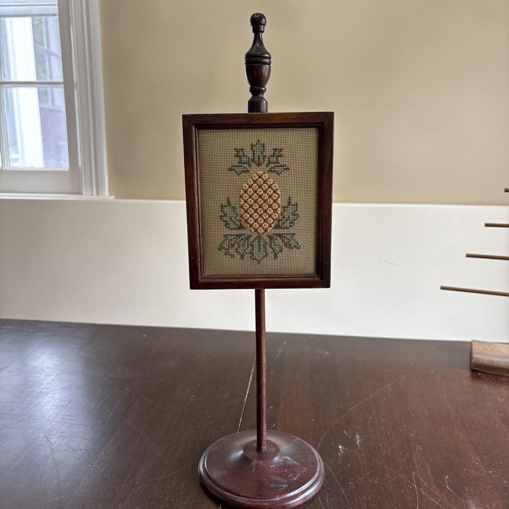 Vintage 17” Pineapple Fireplace Screen Table Centerpiece Needlepoint Pole